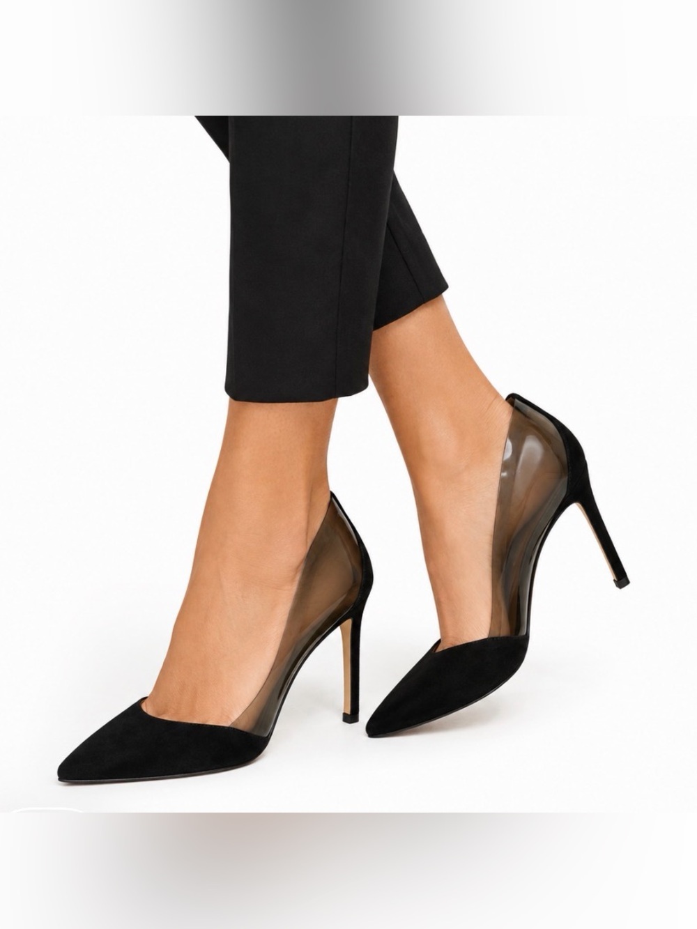 Black Suede Pointed‎ Toe Stiletto Pumps Transparent Sides – Women's Heel Size 8